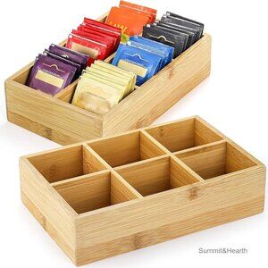 Bamboo Tea Bag Organizer 2-Pack, 6 Compartment Wood Storage Box